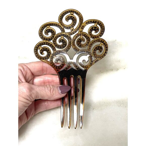 Antique Ornate Celluloid Hair Comb Green Rhinestones Art Nouveau - Picture 9 of 16